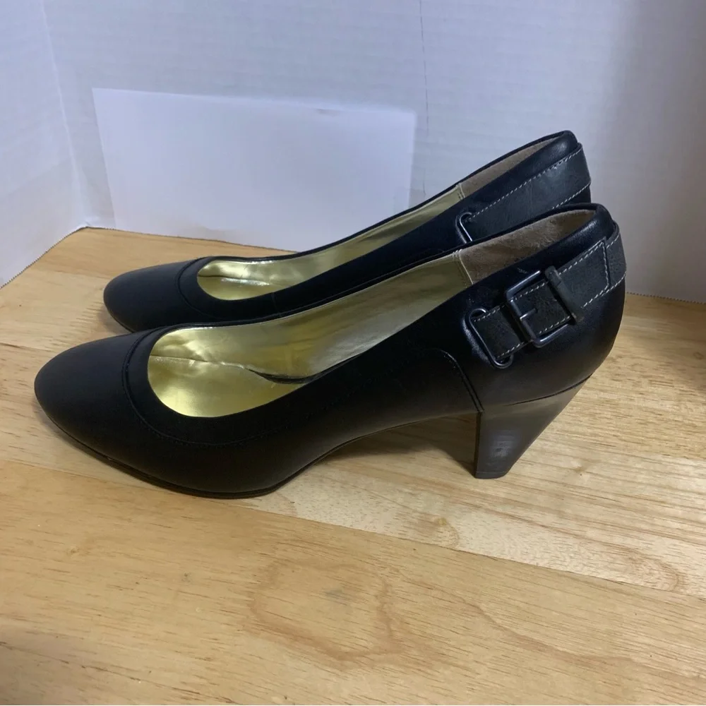 NINE &‎ CO JJKENOA Pump Heels Shoes Black Satin Trim Slip On Women's Size 9.5M